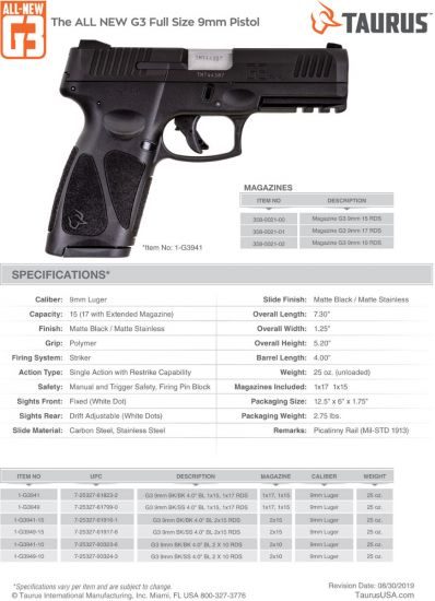 Taurus G3 9mm 4″ Barrel 10+1 Black 1-G3941-10