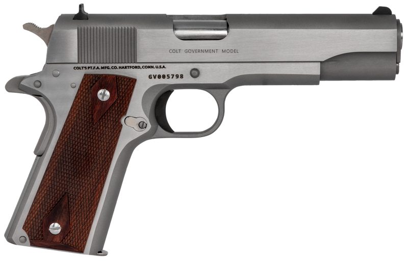 COLT 1911 GOVERNMENT STAINLESS .45 ACP 5″ BARREL 7-ROUNDS ROSEWOOD GRIPS