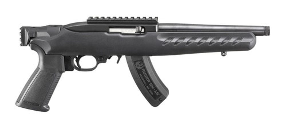Ruger 22 Charger Railed Brace Mount, Rimfire Pistol, 22 LR, 8″ 1/2-28 Threaded Barrel, Matte Black, A2-Style Grip, Black Polymer Stock, Picatinny Top Rail Installed, 15Rd, Includes Adjustable Bipod Ruger