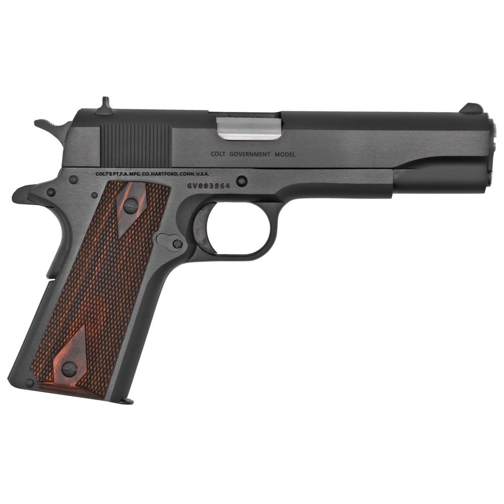Colt 1911 Government 45 ACP, 5″ Barrel, Black, Checkered Rosewood Grip, 7rd Colt