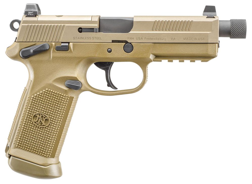 FN FNX-45 Tactical, DA/SA, Full Size , 45 ACP, 5.3″ Threaded Barrel, Polymer Frame, Flat Dark Earth, Suppressor Height Night Sights, 15rd, 2 Magazines, Fired Case, Manual Safety, Optics Ready FN America