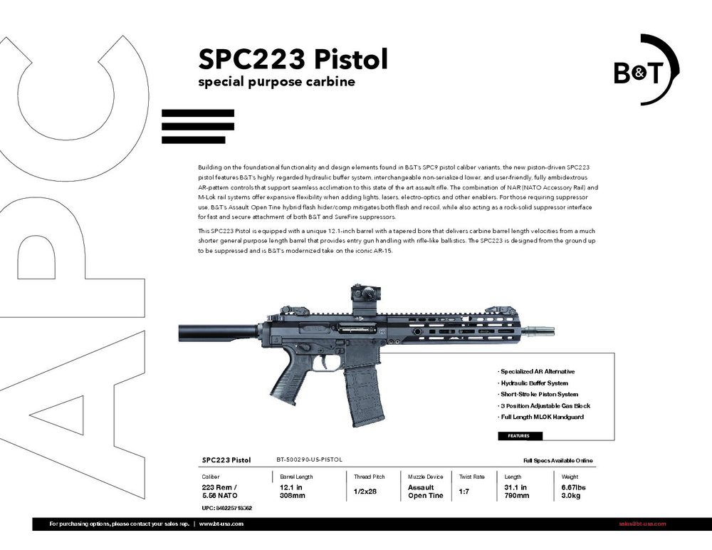 B&T SPC223 Pistol 12.1” Barrel Cal. .223 Rem./5.563x45mm BT-500290-US