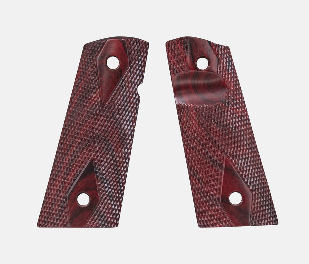 Fusion Firearms 1911 Officer Grips, Red Cocobolo, Double Diamond, Mag-Well Bottom, Thumb Groove