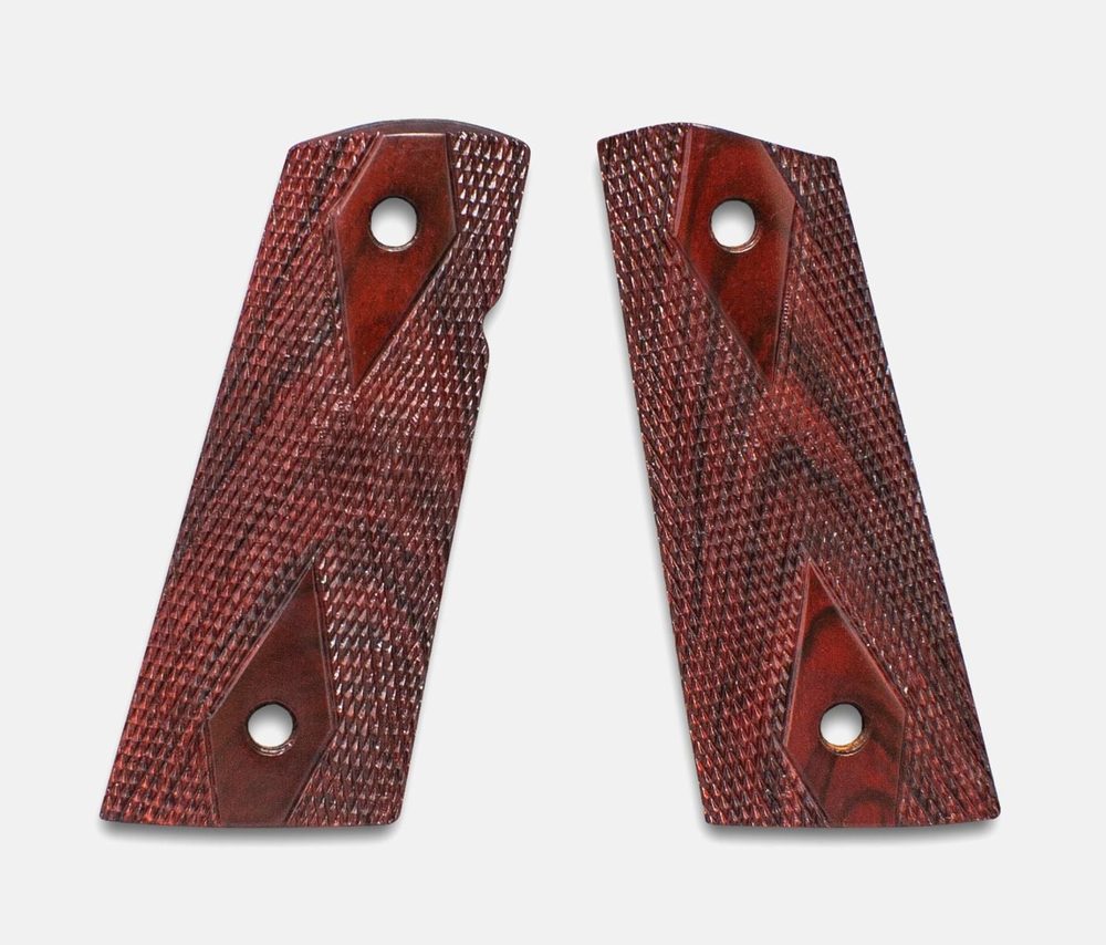 Fusion Firearms 1911 Officer Grips, Red Cocobolo, Double Diamond Checkered, Mag-Well Bottom