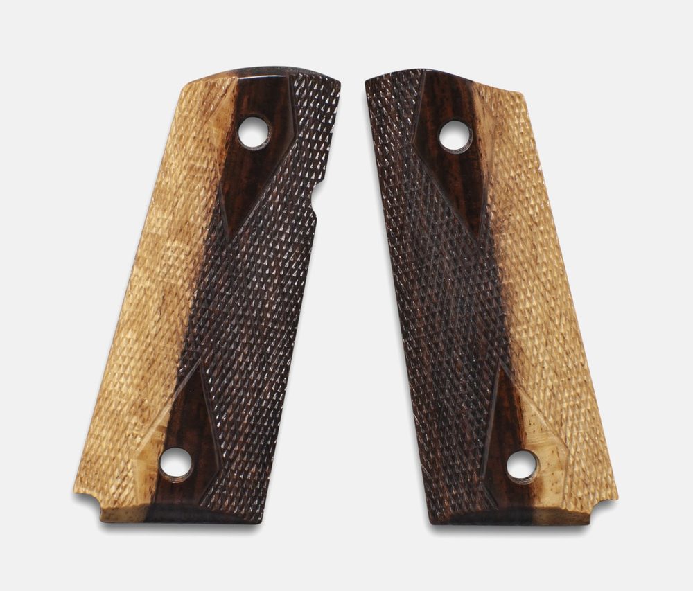 Fusion Firearms 1911 Officer Grips, 2-Tone Cocobolo, Double Diamond Checkered, Beveled Bottom